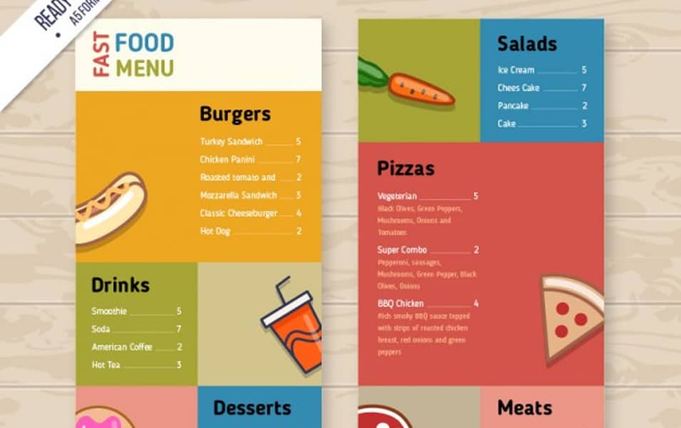 Colored fast food menu