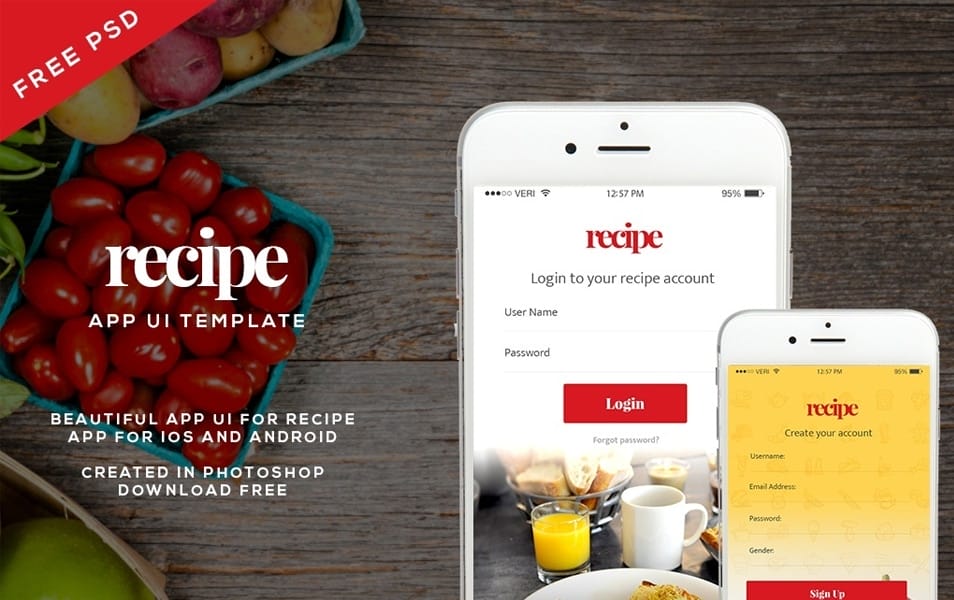 Free Recipe App UI Template PSD