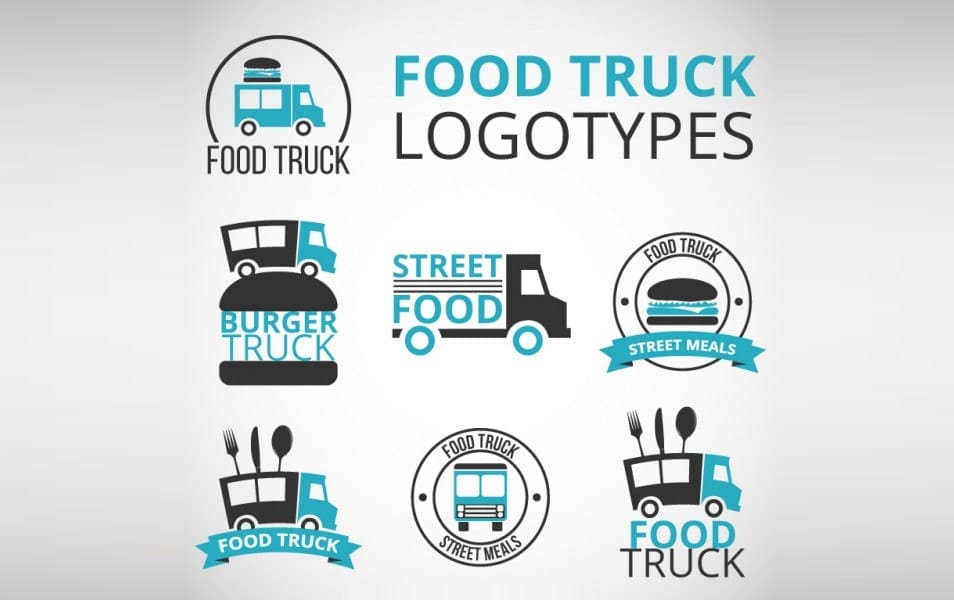 Hand drawn food truck logos with blue details