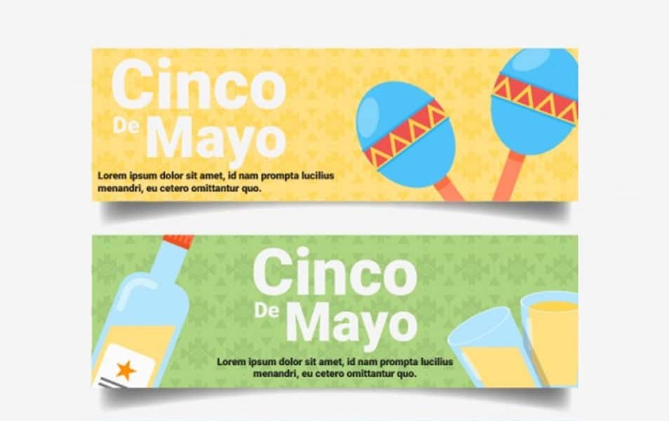 May five banners with mexican food and maraca