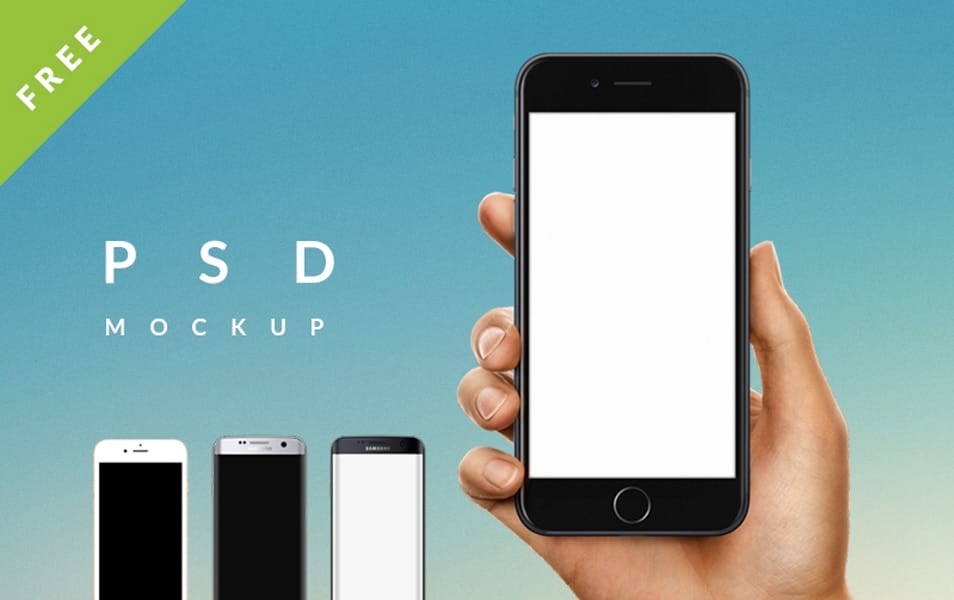 50+ iPhone 7 Mockup Design Templates 41 iPhone 7 / Galaxy s7 edge in Male / Female Hand PSD mockup