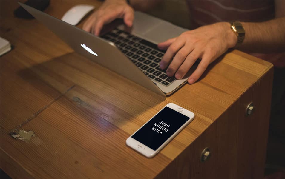250+ iPhone 6 Mockup Design Templates (PSD, Ai, Sketch) 37 iPhone On Desk Mockup