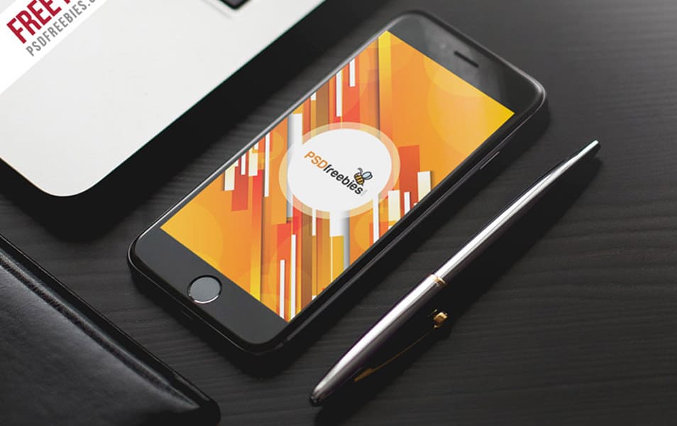 50+ iPhone 7 Mockup Design Templates 24 iPhone 7 on Wooden Table Mockup