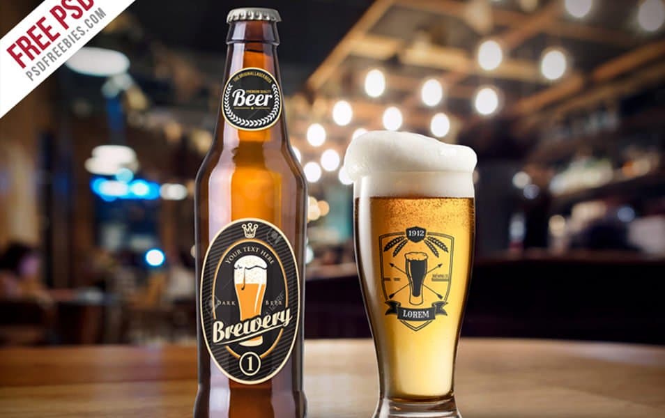 Beer Bottle and Glass Mockup Free PSD