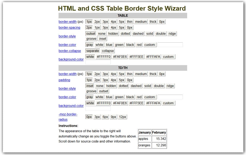 The Ultimate Collection of CSS Generators 180 HTML and CSS Table Border Style Wizard