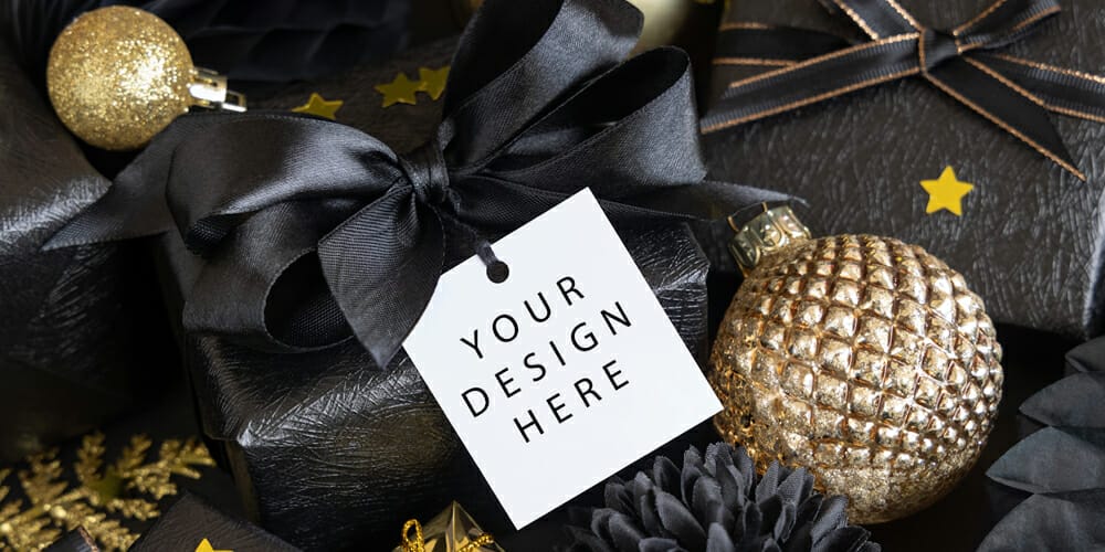 Free Scene Creators and Mockups for Christmas Greetings 20 Black and Gold Gifts with Tag Mockup