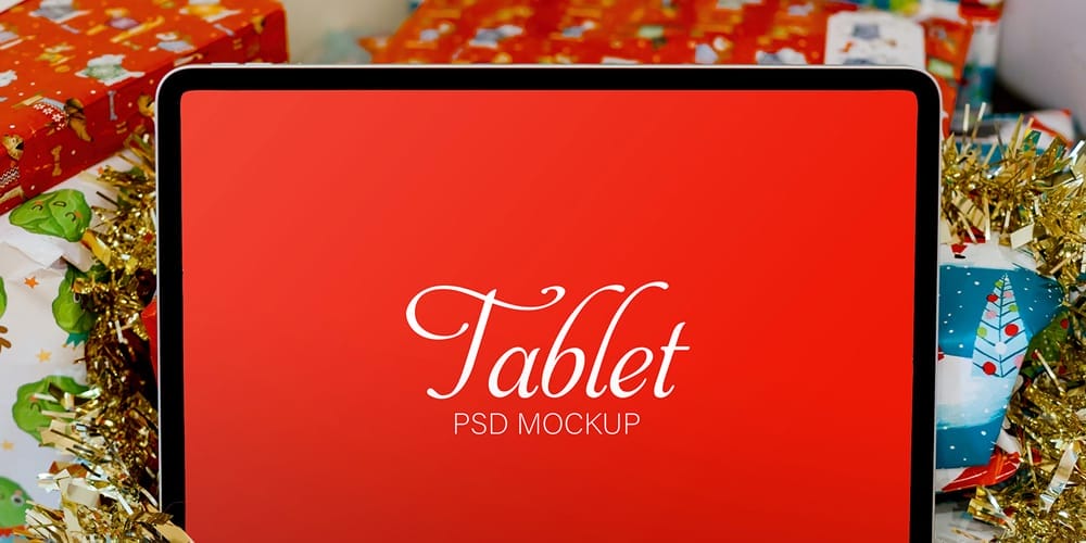 Free Scene Creators and Mockups for Christmas Greetings 56 Christmas Theme Tablet Mockup PSD