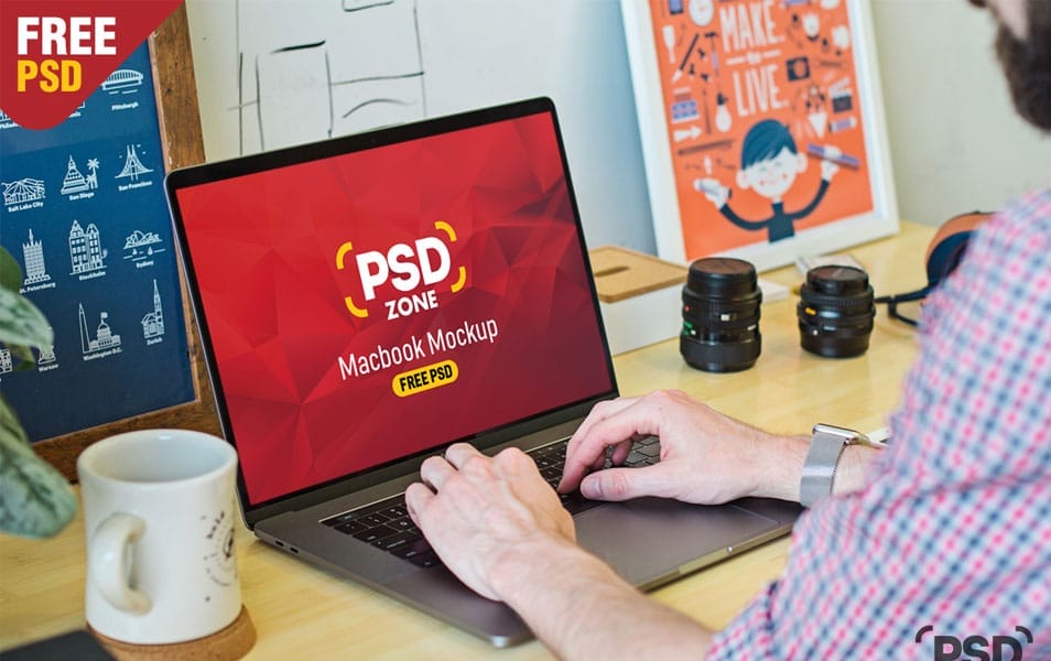 Man Working on Macbook Mockup PSD 2 Man Working on Macbook Mockup PSD