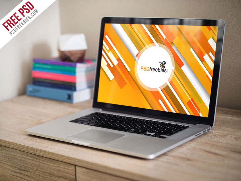 Macbook Pro on Wooden Table Mockup PSD 2 Macbook Pro on Wooden Table Mockup PSD