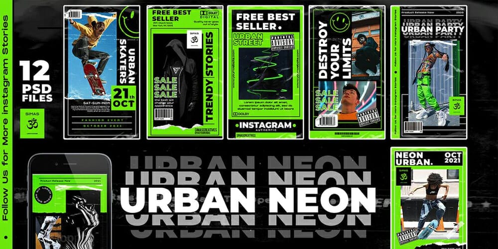 100+ Best Instagram Post Templates to Gain More Followers 115 Urban Neon Instagram Stories Templates
