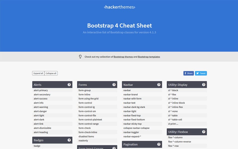 Learn Bootstrap 4 : Tutorials, Courses, Articles, Books & Cheat Sheets 30 Bootstrap 4 Cheat Sheet | hackerthemes