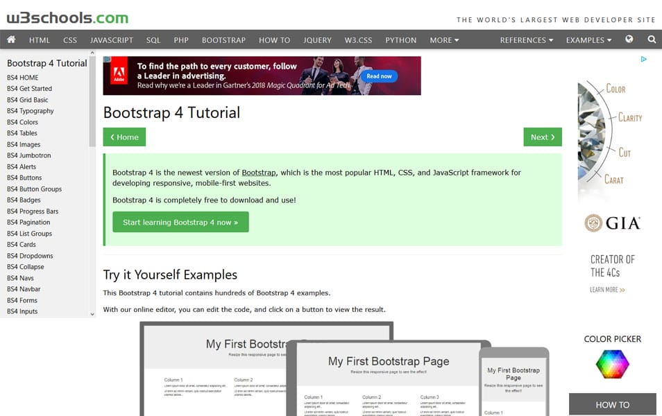 Learn Bootstrap 4 : Tutorials, Courses, Articles, Books & Cheat Sheets 1 Bootstrap 4 Tutorial | W3Schools