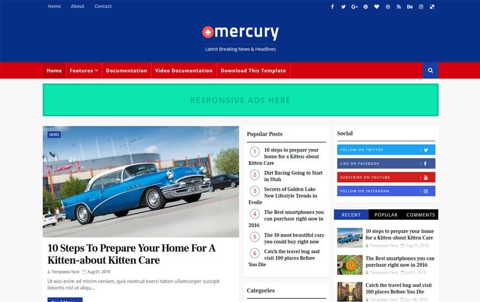150+ Free Responsive Magazine Style Blogger Templates 2025 14 Mercury Responsive Blogger Template