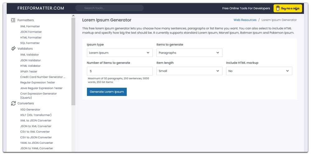 Dummy Text Generators and Tools 54 Freeformatter Lorem Ipsum Generator