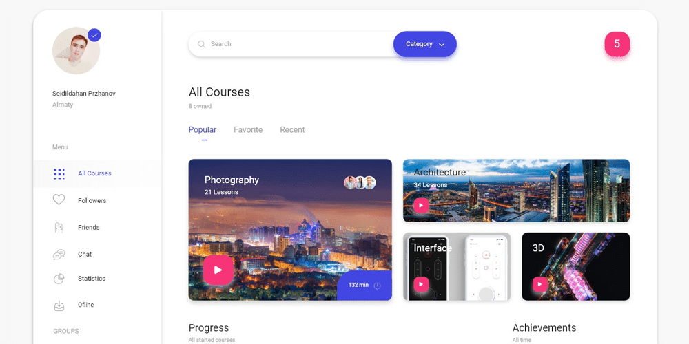 Free Dashboard UI Design PSD 207 Courses Dashboard