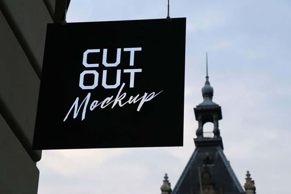 Free Outdoor Advertising Cutout Wall Hanging Shop Sign Board Mockup PSD 2 Free Outdoor Advertising Cutout Wall Hanging Shop Sign Board Mockup PSD
