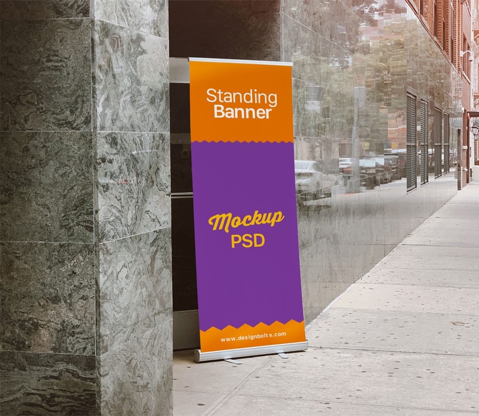 Free Outdoor Advertising Standing Banner on Road Mockup PSD 2 Free Outdoor Advertising Standing Banner on Road Mockup PSD