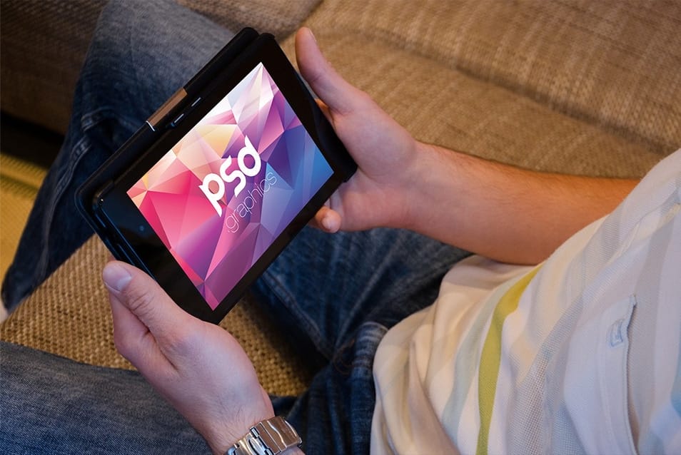 Man Holding Tablet Mockup PSD 2 Man Holding Tablet Mockup PSD