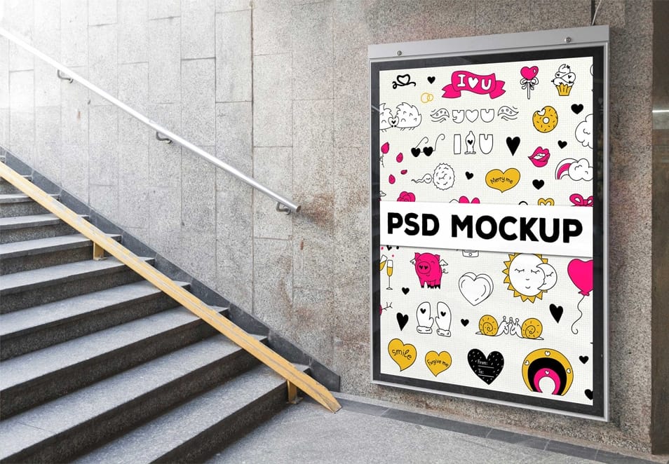 Free Stair Case Side Wall Billboard Mockup Template 2 Free Stair Case Side Wall Billboard Mockup Template
