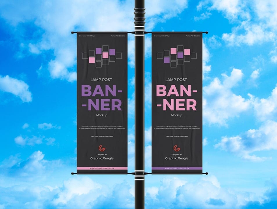 Free Outdoor Advertisement Lamp Post Banner Mockup 2 Free Outdoor Advertisement Lamp Post Banner Mockup