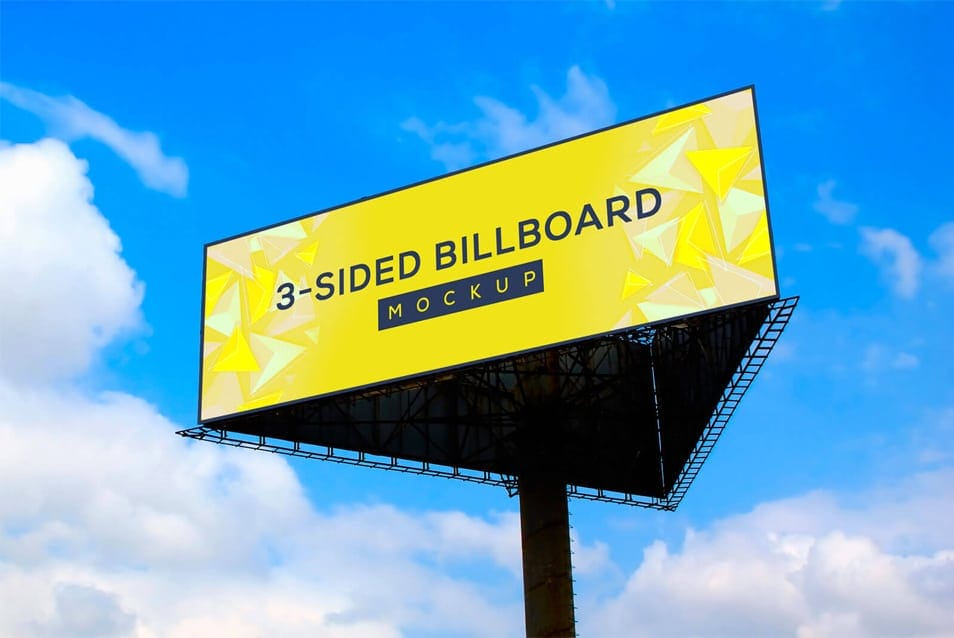 Free Triangle / 3-Sided Unipole Billboard Mockup PSD 2 Free Triangle / 3-Sided Unipole Billboard Mockup PSD