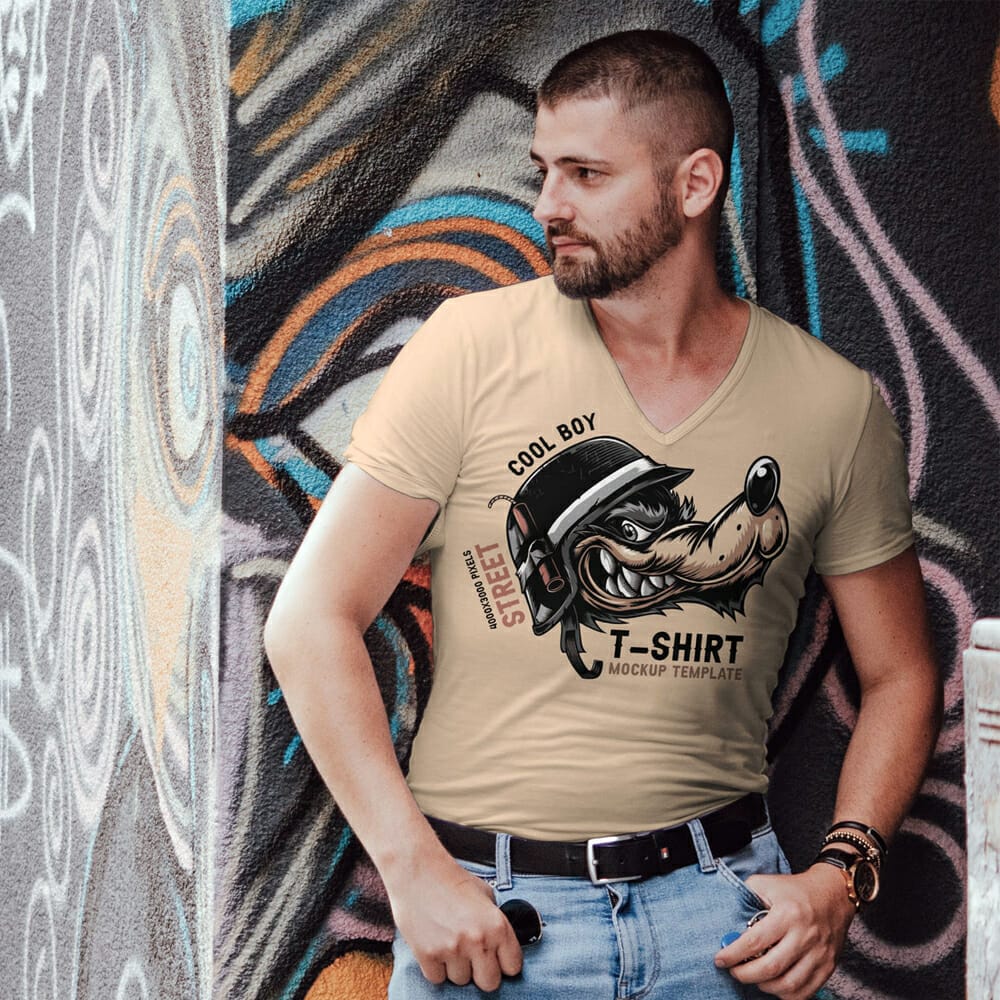 Free Street Cool Boy Wearing T-Shirt Mockup Template 1 Free Street Cool Boy Wearing T-Shirt Mockup Template