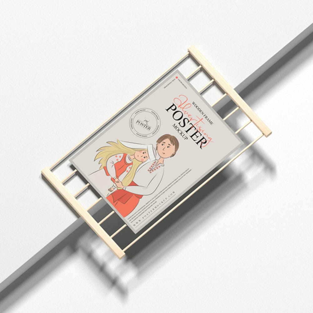 Wooden Frame With Advertising Poster Mockup 1 Wooden Frame With Advertising Poster Mockup