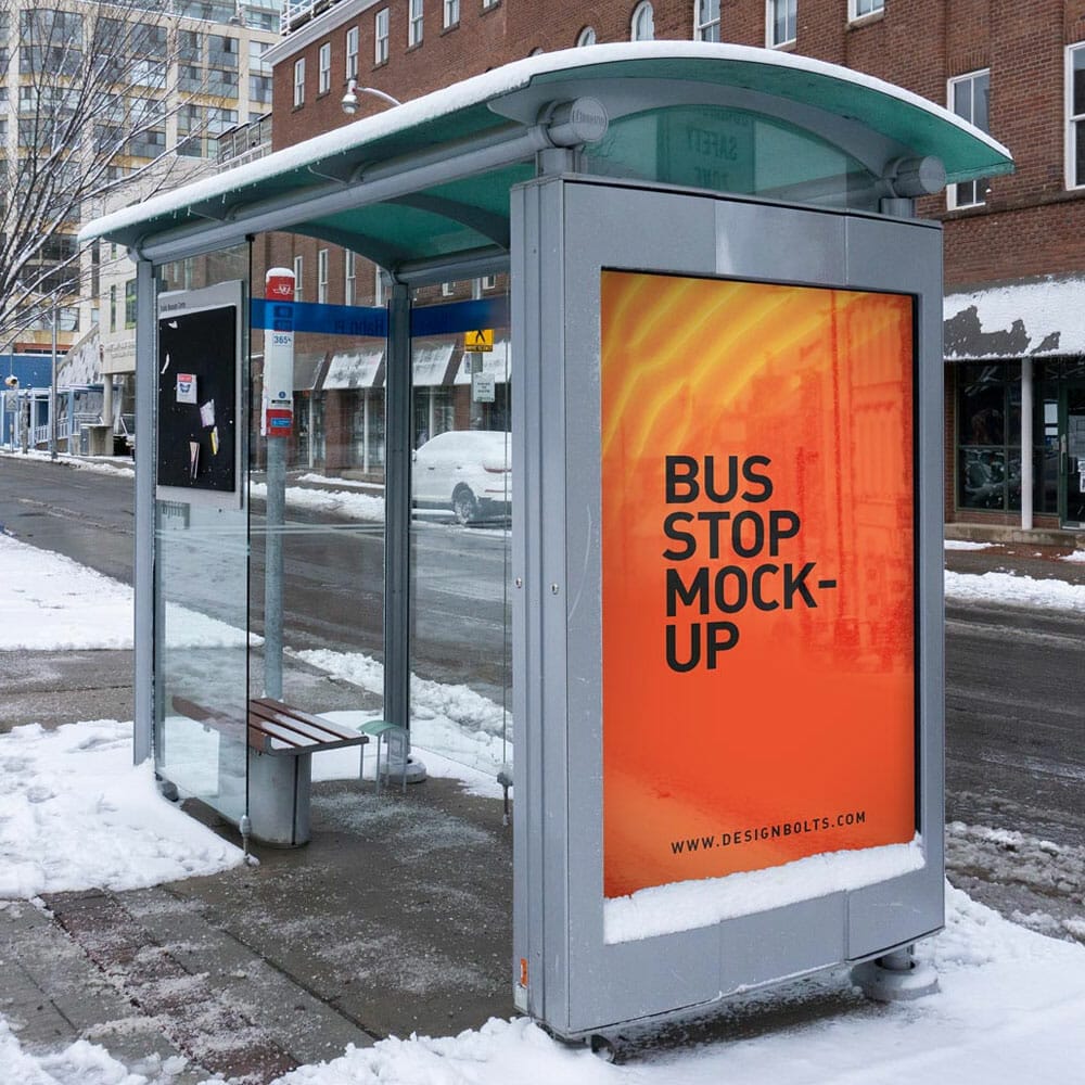 Free Bus Stop In Winter MUPI Mockup PSD 1 Free Bus Stop In Winter MUPI Mockup PSD