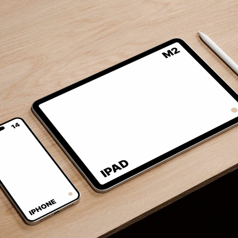 Free M2 iPad Pro And iPhone 14 Pro Max On Desk Mockup PSD 1 Free M2 iPad Pro And iPhone 14 Pro Max On Desk Mockup PSD