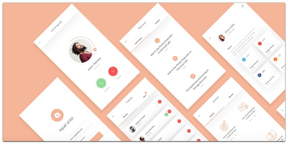 Latest Free Mobile App UI PSD Designs 75 Aqual UI Kit PSD for Social Networking Apps