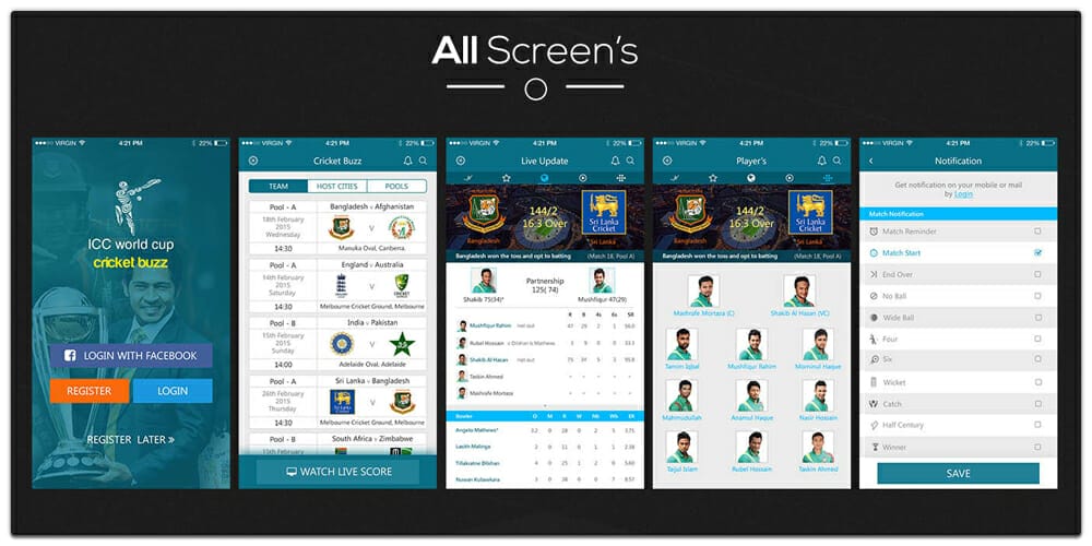Latest Free Mobile App UI PSD Designs 134 Cricket Live Update iOS APP UI PSD