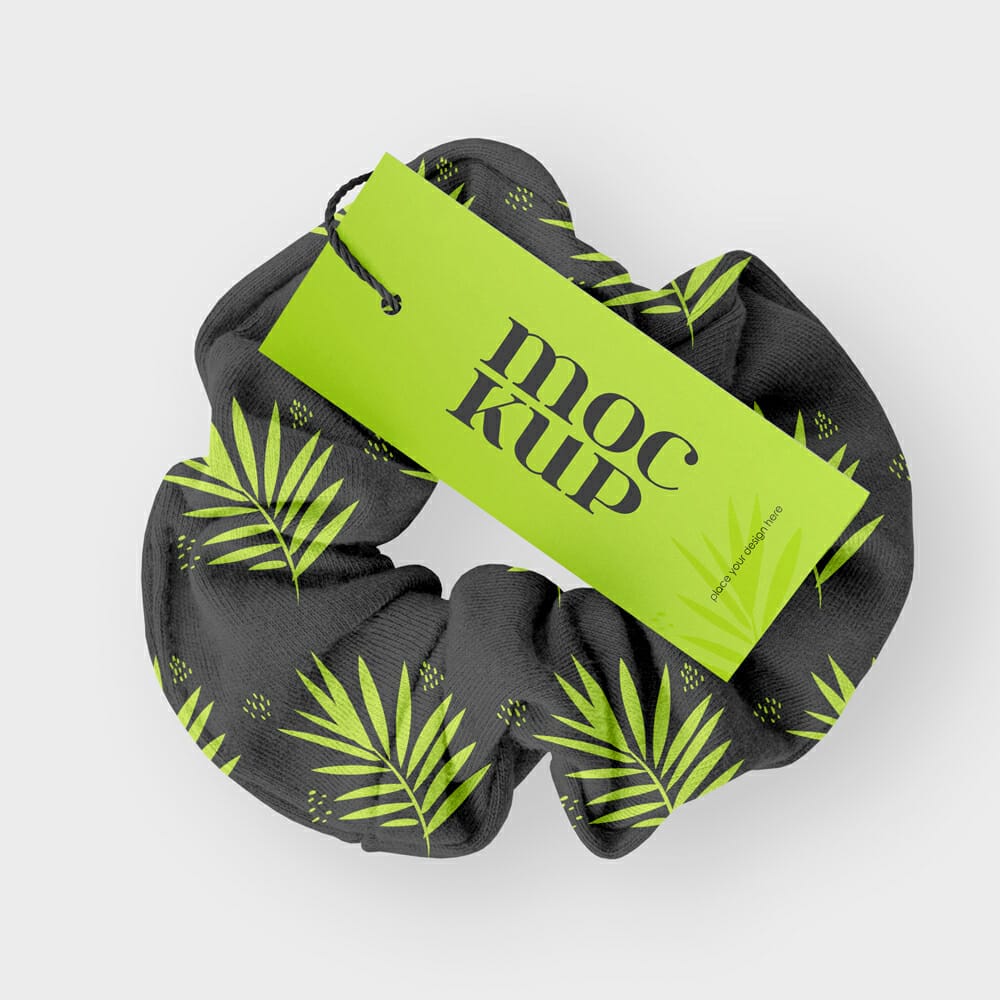 Hair Scrunchie with Label Mockups PSD 1 Hair Scrunchie with Label Mockups PSD