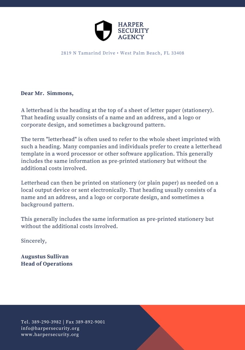 Top Professional Canva Letterhead Templates 12 Orange and Blue Security Official Letterhead Template