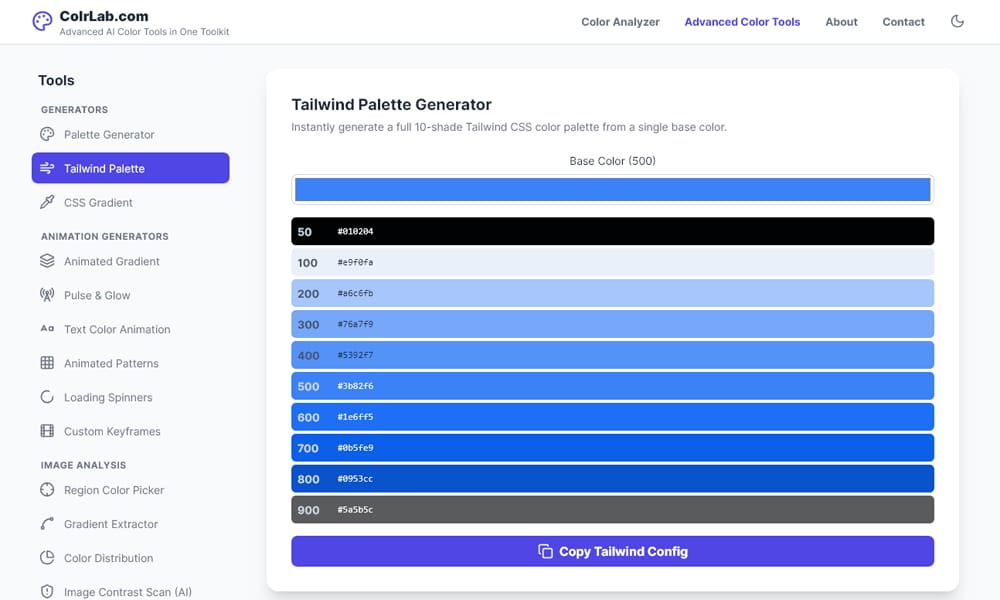 Effortless Design Choices: Exploring Tailwind Color Generators 22 ColrLab Tailwind Palette Generator