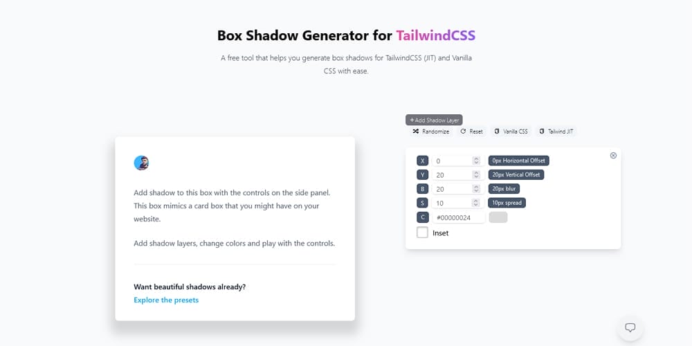 Top 10 Tailwind Shadow Generators to Instantly Improve Your UI 1 The user interface of a Tailwind shadow generator with controls for multiple shadow layers and a live preview card.