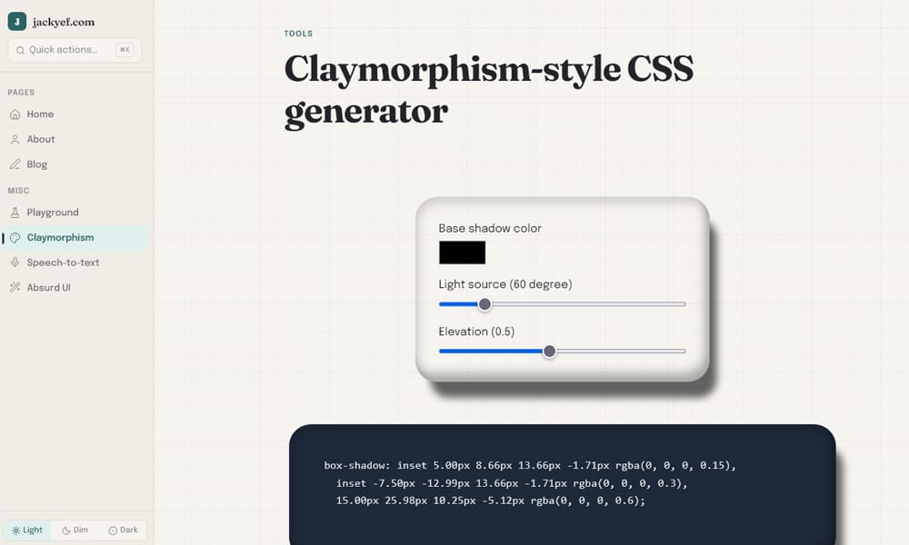 Must-Try Claymorphism Generator Tools for Stunning Designs 9 Jackyef’s Claymorphism-style CSS Generator