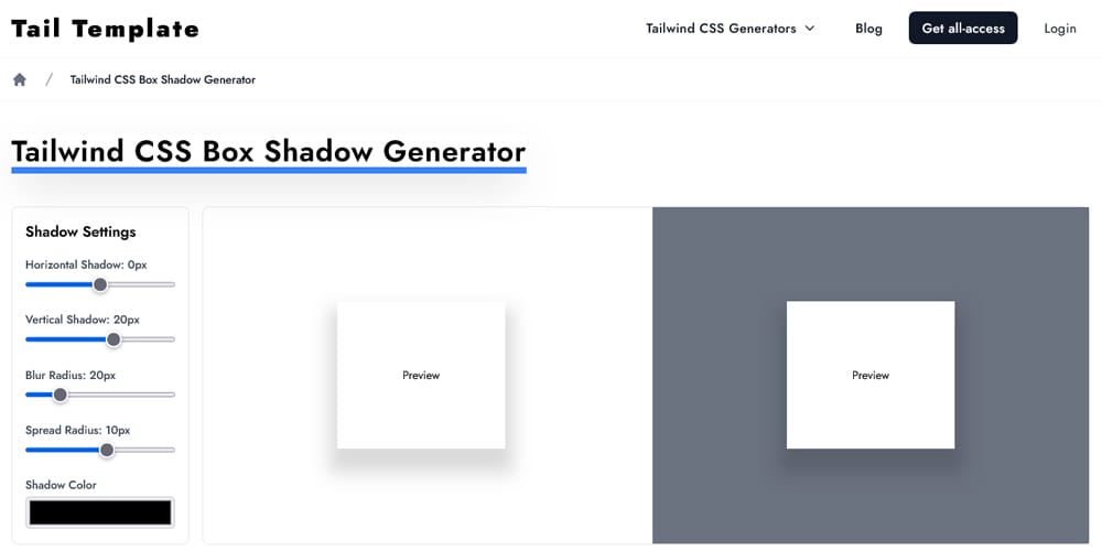 Top 10 Tailwind Shadow Generators to Instantly Improve Your UI 5 The TailTemplate shadow generator showing a horizontal layout with sliders and a large preview area.