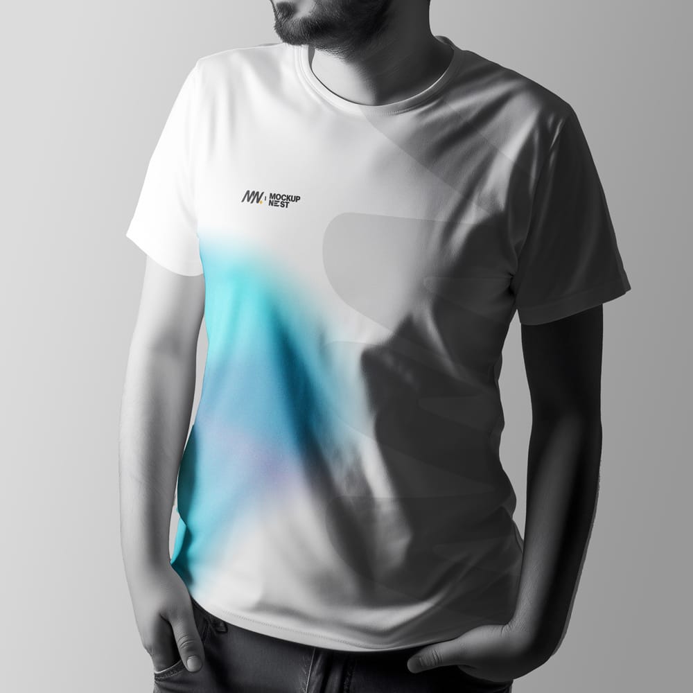 Free T-Shirt Mockup with Man Under Studio Lighting PSD 1 Free T-Shirt Mockup with Man Under Studio Lighting PSD