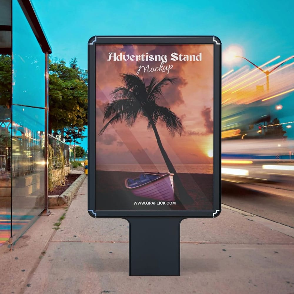 Free Urban Sidewalk Advertising Stand Mockup PSD 1 Free Urban Sidewalk Advertising Stand Mockup PSD