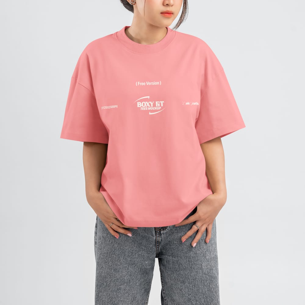 Free Woman's Boxy Fit Tee Mockup PSD 1 Free Woman's Boxy Fit Tee Mockup PSD