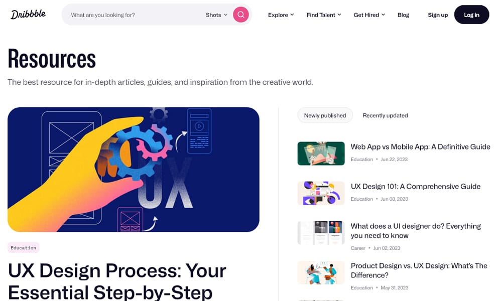15 UI/UX Design Blogs Every Professional Should Be Following (2025 List) 14 Dribbble Resources screenshot featuring downloadable UI design assets