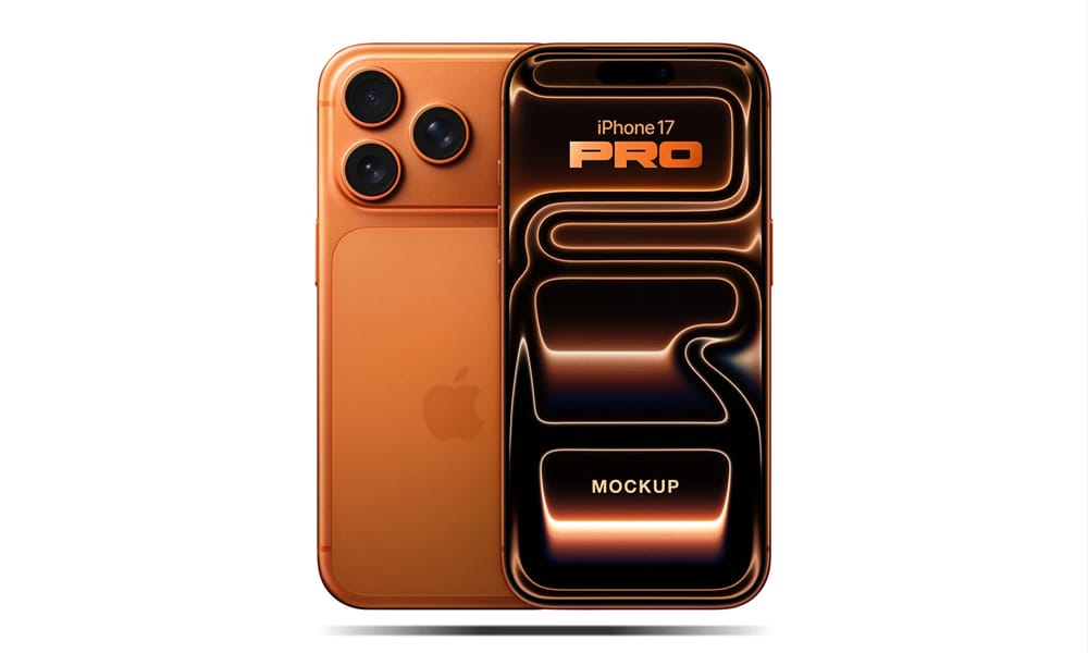 The Best Free iPhone 17 Mockups 8 Cosmic orange Apple iPhone 17 Pro mockup accentuating colorful UI designs.