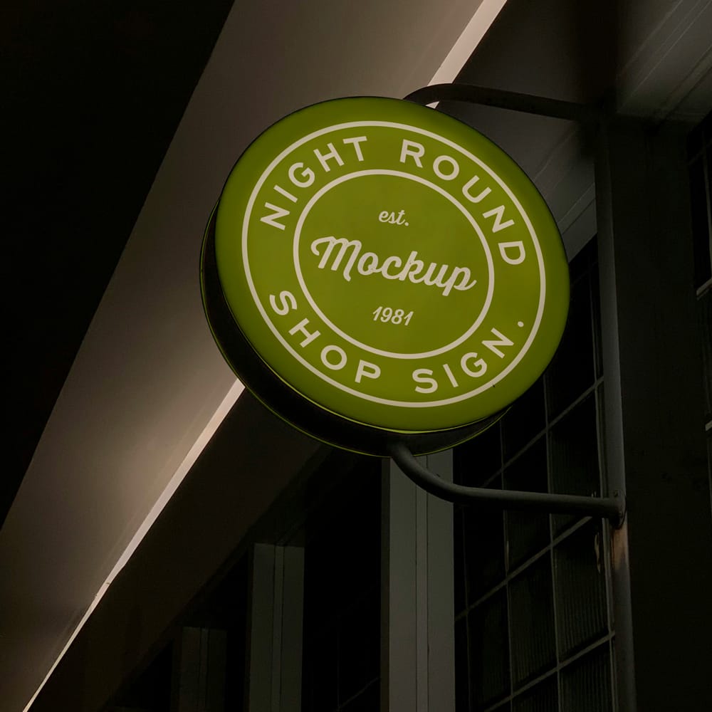 Free Night Round Shop Sign Mockup PSD 1 Free Night Round Shop Sign Mockup PSD