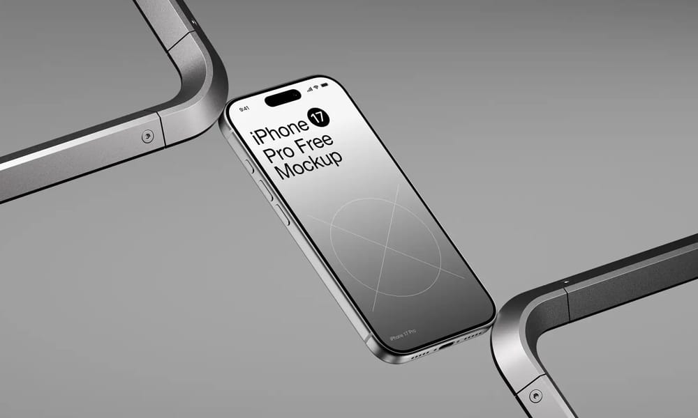 The Best Free iPhone 17 Mockups 1 High-resolution iPhone 17 Pro mockup PSD with transparent background and smart object layer for easy screen replacement.