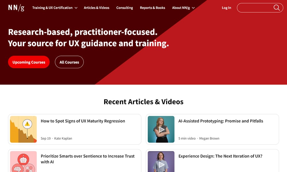 15 UI/UX Design Blogs Every Professional Should Be Following (2025 List) 1 Nielsen Norman Group homepage screenshot highlighting user experience research articles