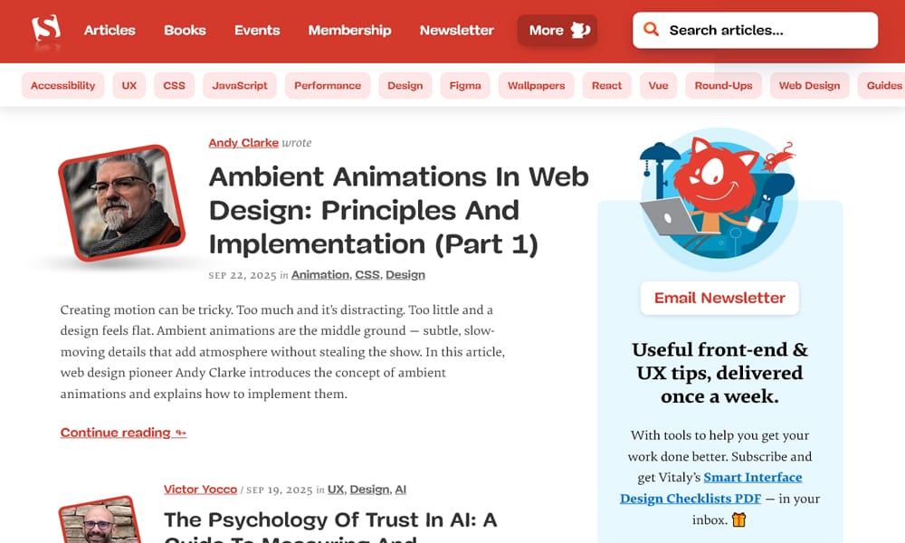 15 UI/UX Design Blogs Every Professional Should Be Following (2025 List) 6 Smashing Magazine homepage screenshot with UI/UX design tutorials and front-end development features