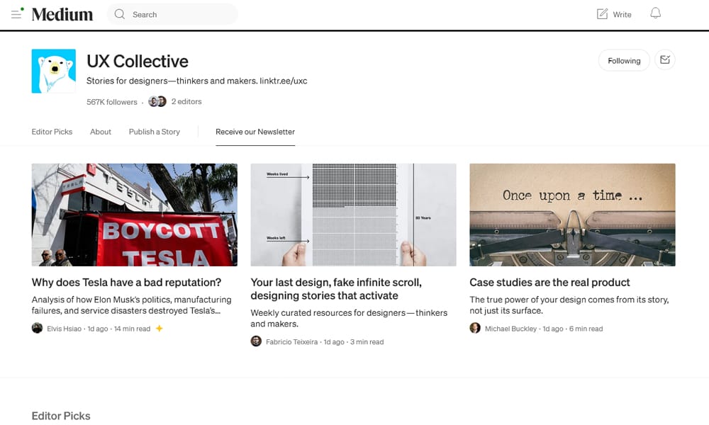 15 UI/UX Design Blogs Every Professional Should Be Following (2025 List) 3 UX Collective Medium screenshot with featured design leadership articles