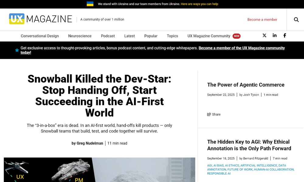 15 UI/UX Design Blogs Every Professional Should Be Following (2025 List) 5 UX Magazine homepage screenshot highlighting expert interviews and trend analysis