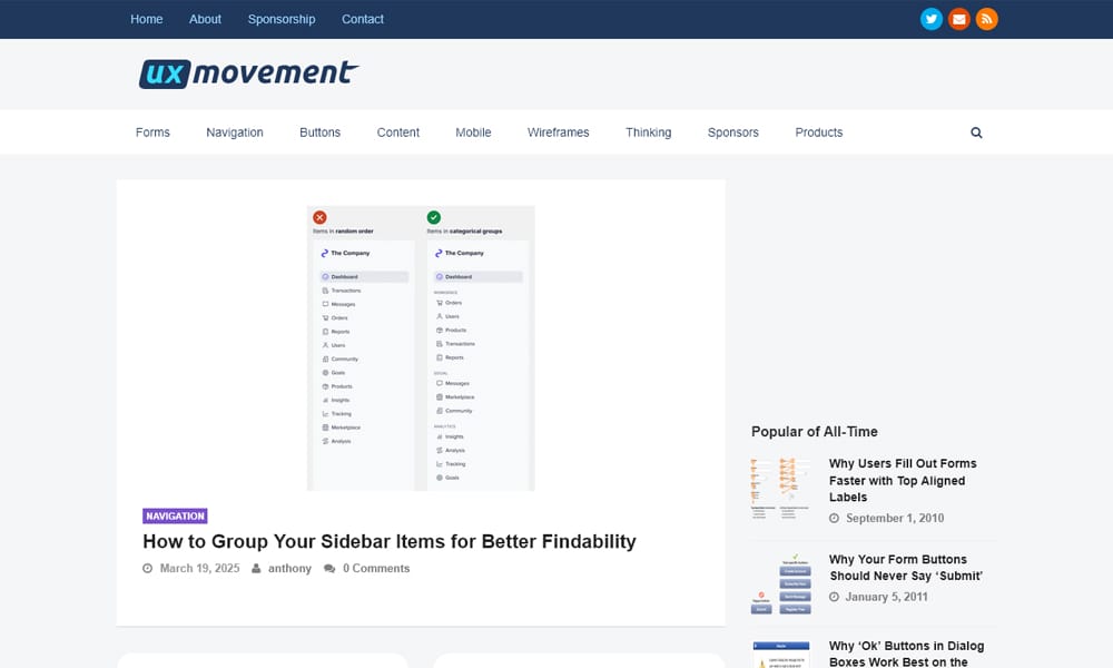15 UI/UX Design Blogs Every Professional Should Be Following (2025 List) 10 UX Movement blog screenshot displaying UI design pattern breakdowns