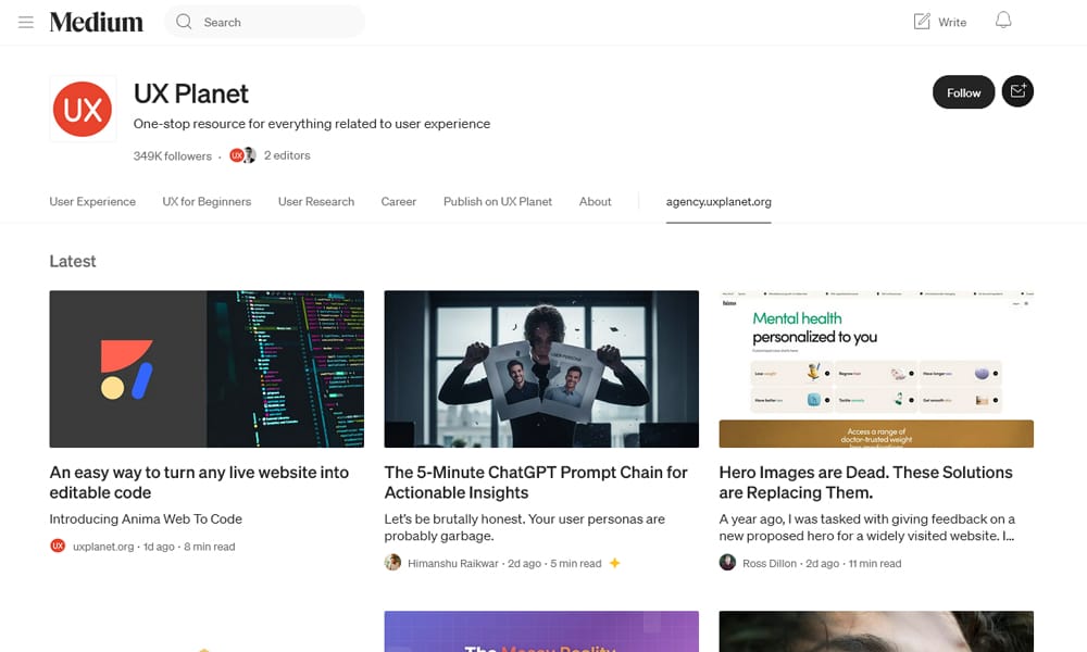 15 UI/UX Design Blogs Every Professional Should Be Following (2025 List) 4 UX Planet homepage screenshot showing practical tutorials for user experience design